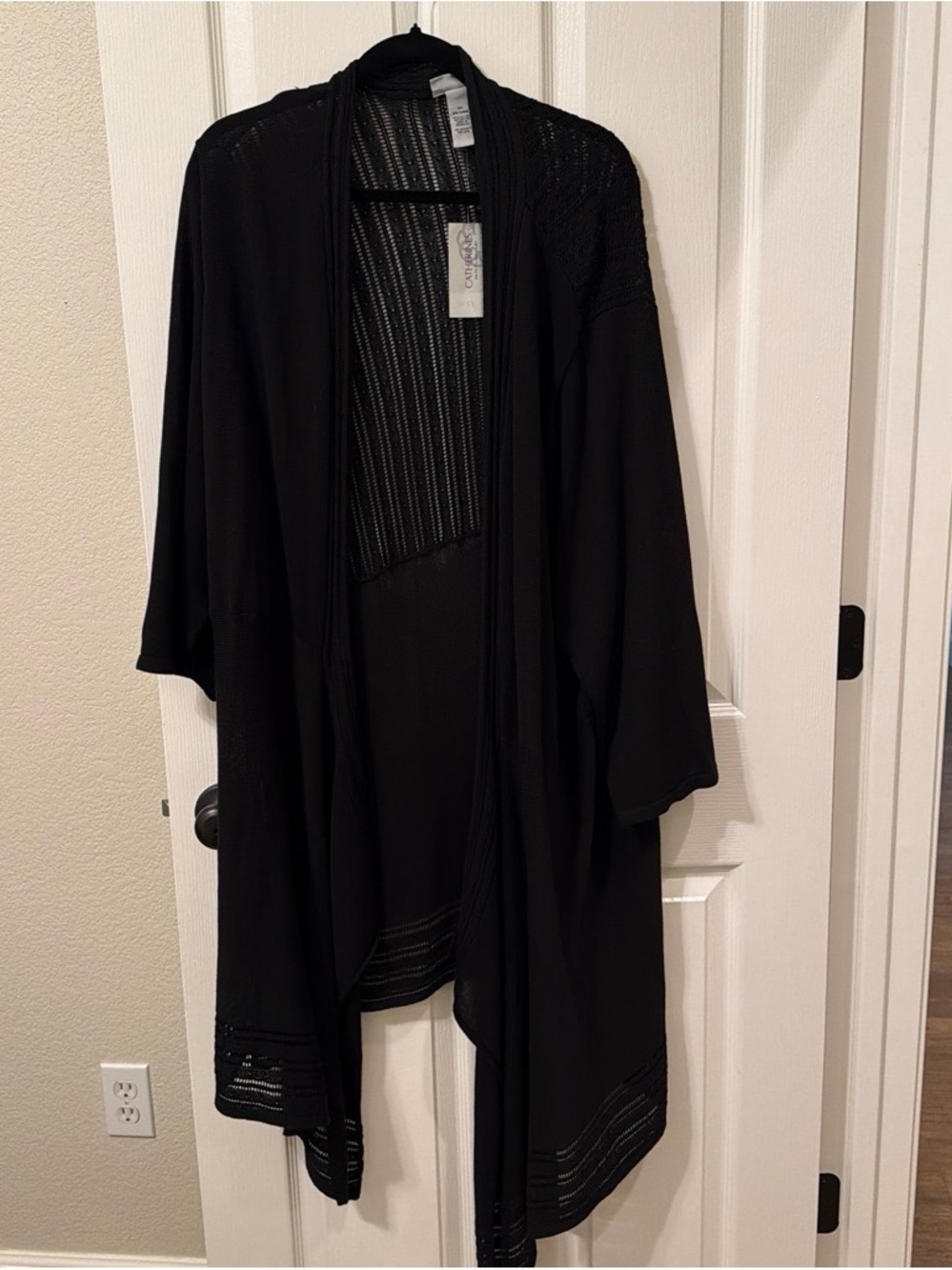 Catherines Black Open-Front Duster Cardigan with Knit Accents